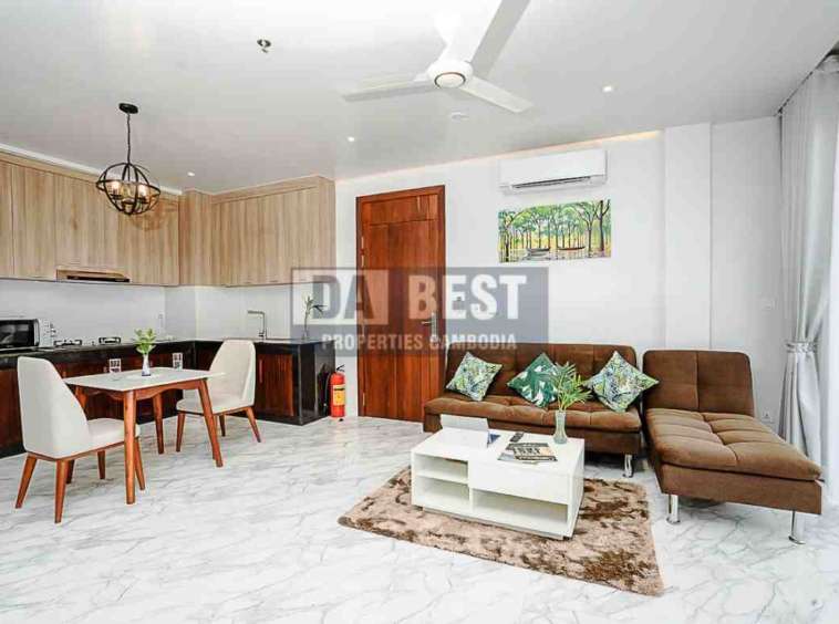 Central 1 Bedroom Serviced Apartment For Rent In Siem Reap With Modern Living Room, Kitchen And Swimming Pool - Living area