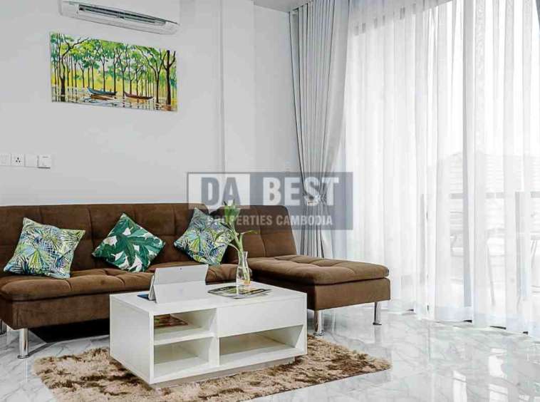 Central 1 Bedroom Serviced Apartment For Rent In Siem Reap With Modern Living Room, Kitchen And Swimming Pool - Living room