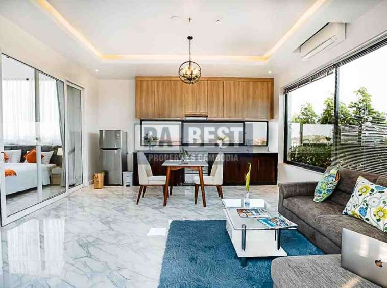 Central 1 Bedroom Serviced Apartment On The Rooftop Private Garden For Rent In Siem Reap With Modern Living Room, Kitchen And Swimming Pool - Living area
